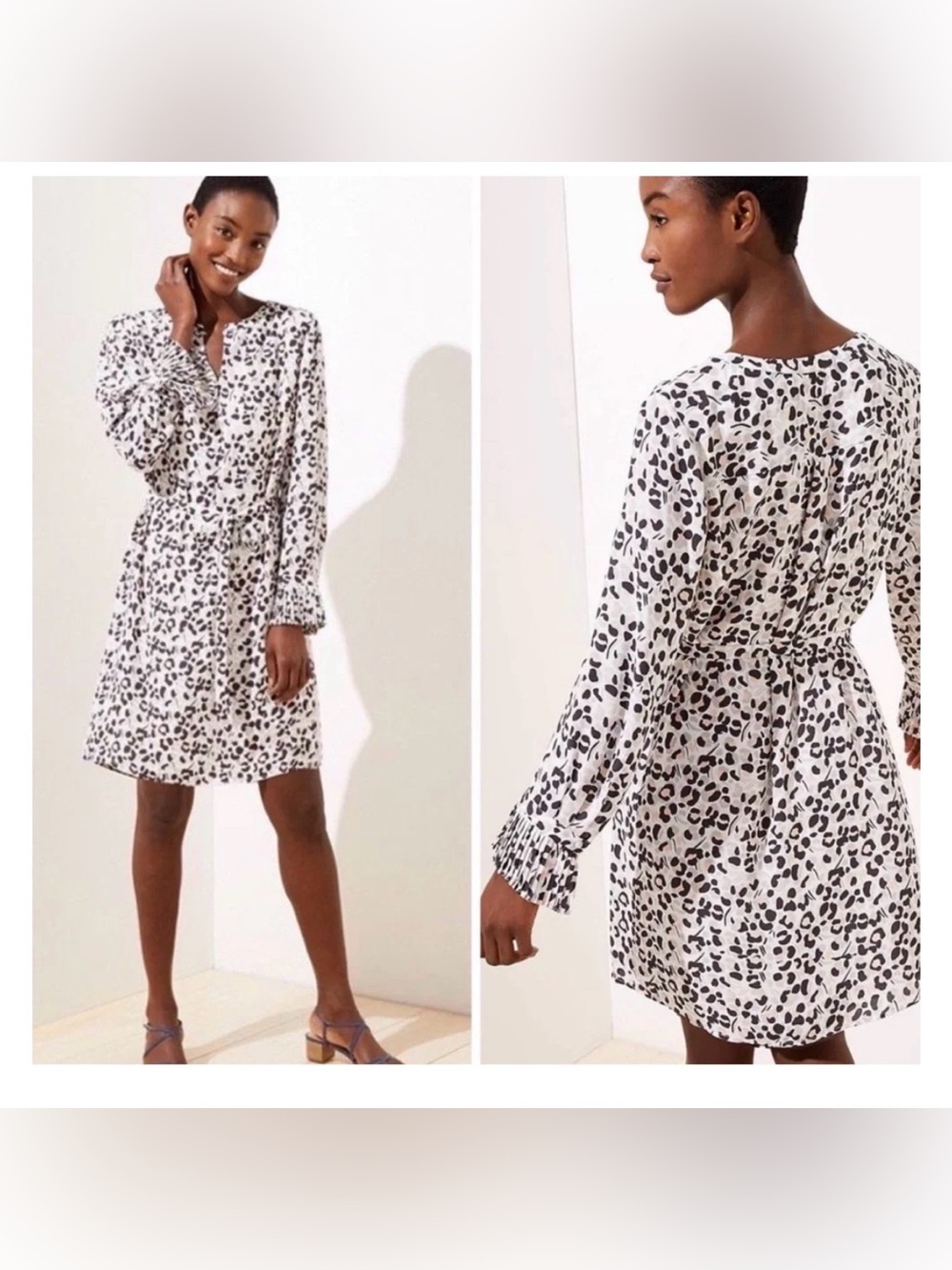 LOFT Leopard Print Pleated Cuff Long Sleeve Dress, EUC